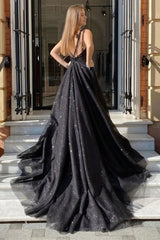 Long Black Tulle Prom Dresses Open Back V Neck Evening Dresses