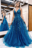 Long Blue Lace Prom Dresses V Neck Formal Evening Dresses Open Back