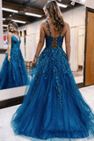 Long Blue Lace Prom Dresses V Neck Formal Evening Dresses Open Back