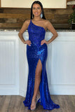 Long Blue Sequin One Shoulder Prom Dresses Mermaid Graduation Dress