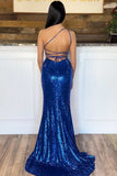 Long Blue Sequin One Shoulder Prom Dresses Mermaid Graduation Dress