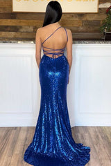 Long Blue Sequin One Shoulder 2024 Prom Dresses Mermaid Graduation Dress