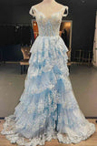 Long Light Blue Corset Lace Prom Gowns Tiered Tulle Formal Graduation Dress