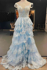 2024 Long Light Blue Corset Lace Prom Gowns Tiered Tulle Formal Graduation Dress