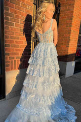 2024 Long Light Blue Corset Lace Prom Gowns Tiered Tulle Formal Graduation Dress