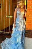 Long Light Blue Corset Lace Prom Gowns Tiered Tulle Formal Graduation Dress