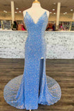 Long Light Blue V-Neck Iridescent Prom Dresses 2024 Sequins Cheap Formal Dress with Slit