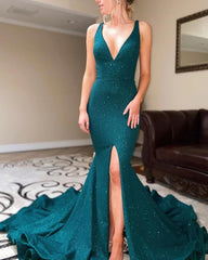 Long Mermaid Green Sequin Prom Dresses V Neck Formal Dress with Split