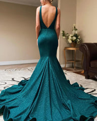 Long Mermaid Green Sequin Prom Dresses V Neck Formal Dress with Split