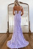 Long Mermaid Purple Lace Prom Dresses Lavender Strapless Formal Dress