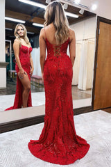 Long Mermaid Red Prom Dress 2024 Spaghetti Straps Appliques with Slit