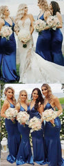 Long Mermaid V Neck Custom Blue Bridesmaid Dresses