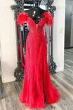 Long Off Shoulder Red Lace Prom Dresses Feathers V Neck Mermaid Evening Dress