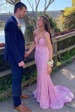 Long Pink Prom Dresses Sequin Mermaid Sleeveless Formal Dress