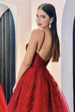 Burgundy Lace Long Prom Dresses A Line Spaghetti Straps Evening Dress