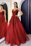 Burgundy Lace Long Prom Dresses A Line Spaghetti Straps Evening Dress