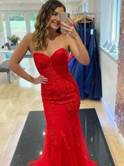 2024 Long Red Lace Prom Dresses Strapless Sweetheart Mermaid UK Formal Dress