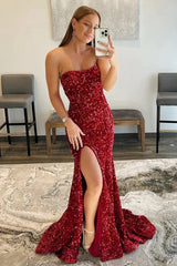 2024 Long Red Prom Dresses Sequin Mermaid Strapless Formal Dress