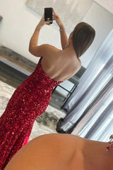 2024 Long Red Prom Dresses Sequin Mermaid Strapless Formal Dress