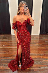 2024 Long Red Puff Sleeves Prom Dress Sparkly Sequined with Side Slit