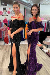 2024 Long Red Puff Sleeves Prom Dress Sparkly Sequined with Side Slit