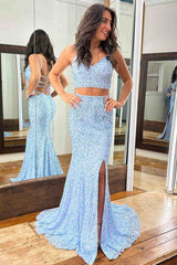 2024 Long Sequins 2 Piece Prom Dress Light Blue V Neck Mermaid Lace-Up Slit