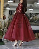 Long Sleeves Burgundy Wedding Guest Dress Short Ankle Length Prom Dress Lace