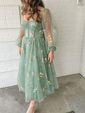Long Sleeves Light Green Embroidered Tulle Prom Dress Corset