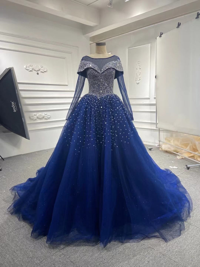 Long Sleeves Navy Blue Wedding Dresses Crystals Sequined Ball Gown Qui ...