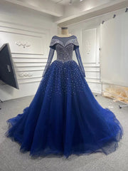 Long Sleeves Navy Blue Wedding Dresses Crystals Sequined Ball Gown Quince Dresses