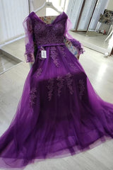Purple Lace Long Sleeves Prom Dresses Appliques Tulle Evening Gowns