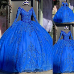 Long Sleeves Royal Blue Quinceanera Dresses V Neck Beaded Mexican Sweet 16 Dress