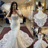 Long Sleeves Square Neck Wedding Dresses Lace Mermaid Backless Appliques