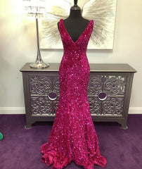 2024 Long V Neck Fuchsia Prom Dress Sequin Mermaid Formal Graduation Dresses
