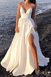 Long White Prom Dress V Neck Long Formal Maxi Dress Open Back with High Slit