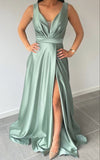 Simple Long Satin Sage Green Wedding Guest dresses Sleeeless with Spllit