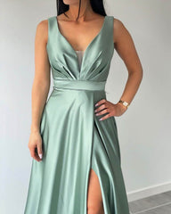 Simple Long Satin Sage Green Wedding Guest dresses Sleeeless with Spllit