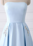 A Line Beaded Satin Long Homecoming Dresses  with Pocket