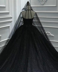 Luxury Ball Gown Sequin Black Wedding Dresses Gothic With Cape Veil