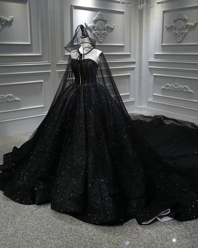 Luxury Ball Gown Sequin Black Wedding Dresses Gothic With Cape Veil ...