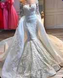Luxury Princess Long Sleeves Lace Mermaid Wedding Dresses with Detachable Train