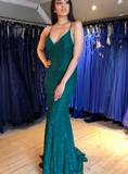 Mermaid Green Lace Prom Dresses UK Deep V-neck Backless