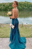 Sexy Long Lace Teal Prom Dresses Spaghetti Straps Mermaid Evening Gown
