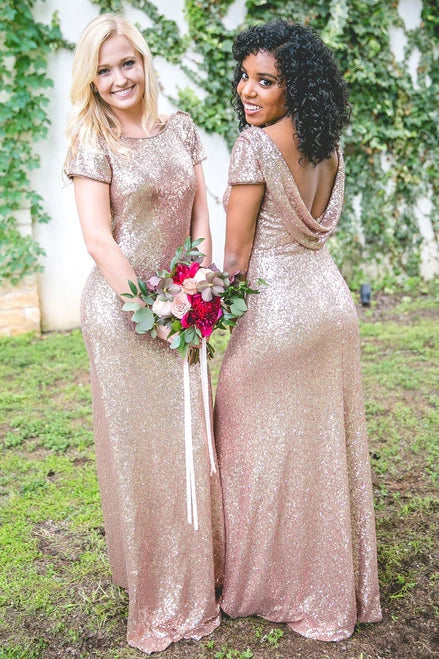 Metallic Rose Gold Bridesmaid Dress Sequin Wedding Guest Dresses