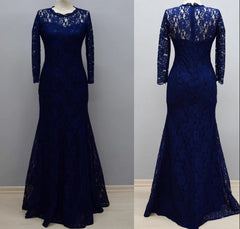 Floor Length Sheath Navy Blue Lace Long Sleeves Bridesmaid Dress Winter Party Dress