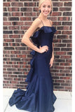 Navy Blue Satin Prom Dresses With Ruffles Spaghetti Straps Long Formal Gown