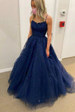 Navy Blue Prom Dresses Lace 2023 A Line Spaghetti Straps Evening Gown