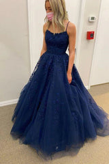 Navy Blue Prom Dresses Lace 2024 A Line Spaghetti Straps Evening Gown