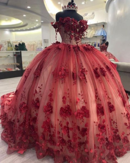 New Off Shoulder Quinceanera red Dress 3D Flowers MyChicDress