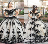 New 3D Flowers Lace Quicneanera Dress Black Off The Shoulder Sweet 16 Party Dress